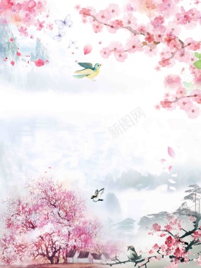温暖粉色系桃花开桃花节海报背景模板背景