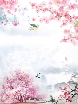 桃花开温暖粉色系桃花开桃花节海报背景模板高清图片