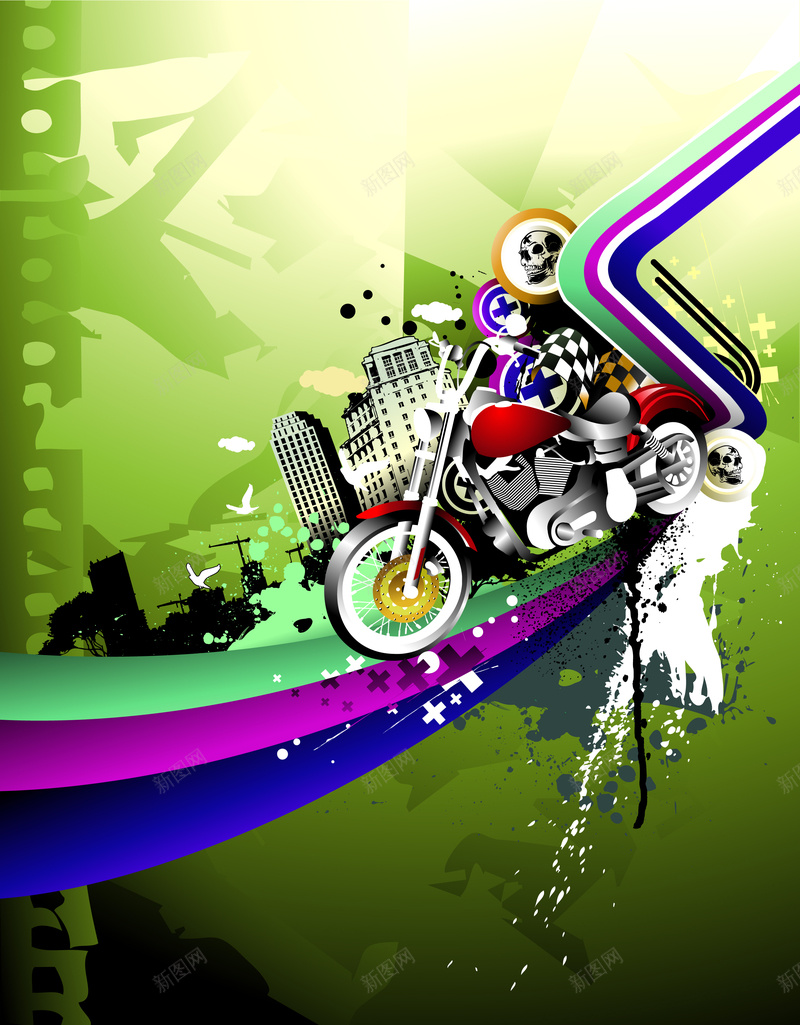 创意摩托车霸气背景eps设计背景_新图网 https://ixintu.com 摩托车背景 创意背景 摩托车 彩虹 楼房 创意摩托车 墨迹 绿色背景