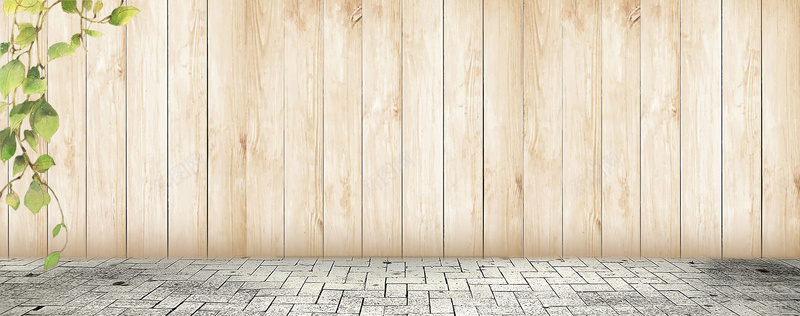 清新文艺复古木板地砖绿叶背景背景