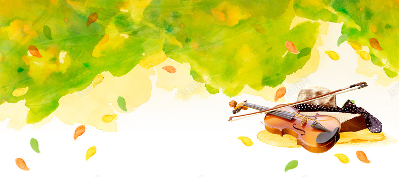 卡通手绘树叶小提琴背景banner背景