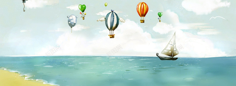 卡通童趣热气球背景jpg设计背景_新图网 https://ixintu.com 热气球 卡通 天空 海滩 童趣 海报banner 手绘