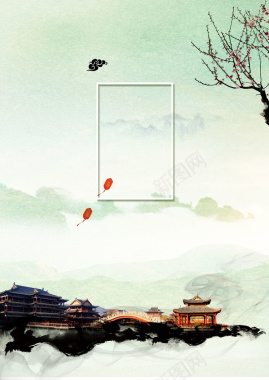 中国风淡雅水墨古建清明节背景素材背景