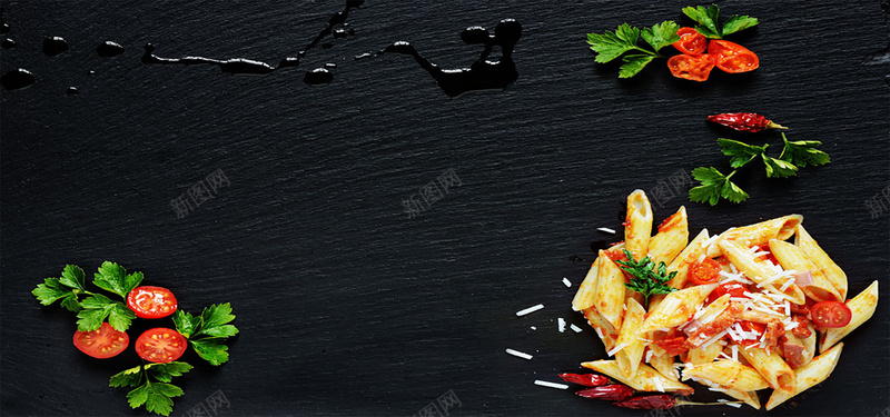 意大利面与番茄背景jpg设计背景_新图网 https://ixintu.com 意大利面 番茄 石板 绿叶 食物 海报banner