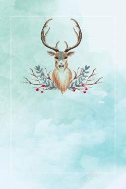 圣诞色系圣诞节小鹿绿色系水彩手绘海报高清图片