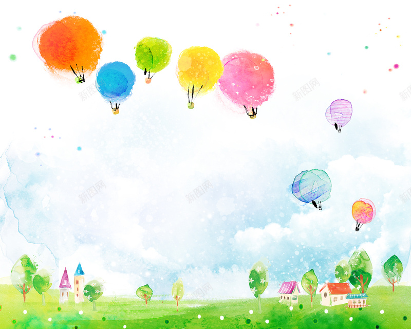 手绘彩色热气球背景psd设计背景_新图网 https://ixintu.com 热气球 彩色 手绘 草地 蓝天 树木 水彩 卡通 童趣