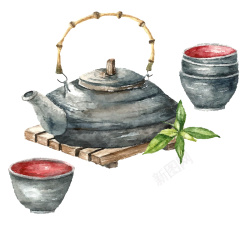 水彩绘荷塘水彩绘茶壶和茶杯矢量素材高清图片