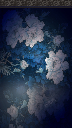 青花瓷装饰画5深蓝色水墨花卉H5背景素材高清图片