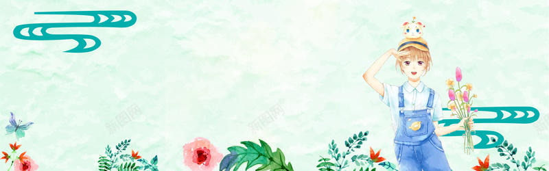 37女生节手绘花朵几何绿banner背景