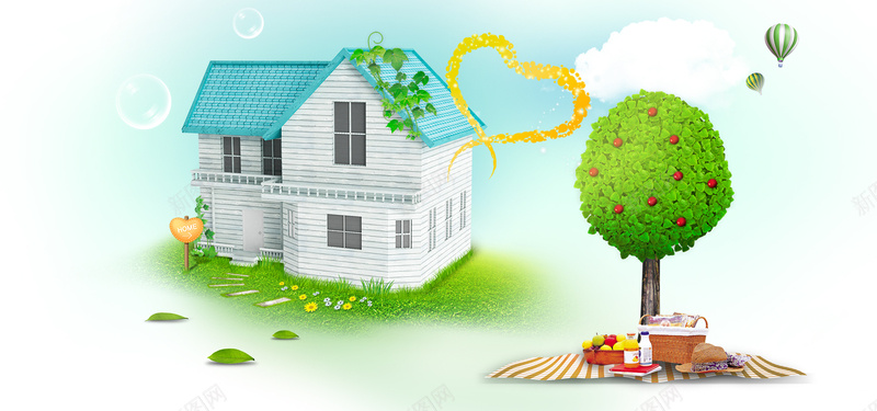 绿色苹果屋psd设计背景_新图网 https://ixintu.com 海报banner 绿色房子 热气球 苹果树 卡通 童趣 手绘