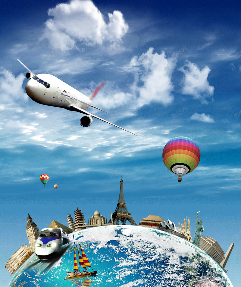 旅游海报广告背景jpg设计背景_新图网 https://ixintu.com 度假 旅游 旅行 海外 留学 飞机 热气球 广告 海报 背景 PSD 素材