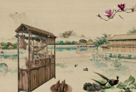 中国风古典园林水墨画平面广告背景