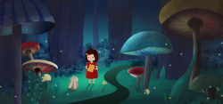 绘本阅读彩页森林中抱着书的女孩高清图片