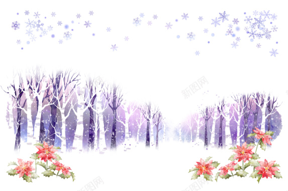 手绘紫色小红花树木雪地水彩印刷背景背景