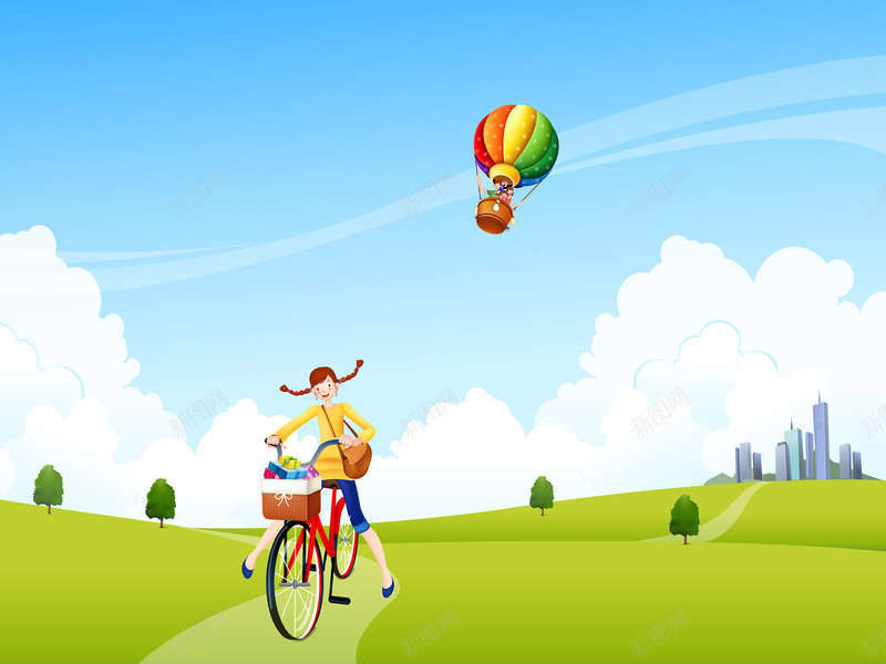梦幻童话海报背景jpg设计背景_新图网 https://ixintu.com 热气球 卡通 手绘 童趣 骑车