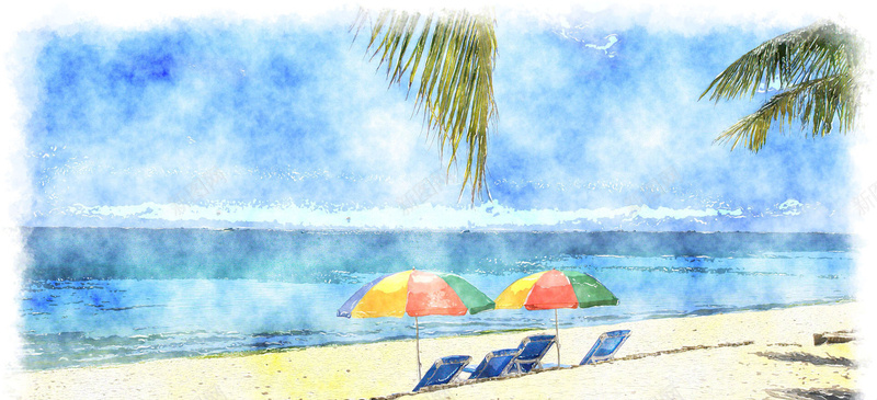 手绘蓝天沙滩背景图背景