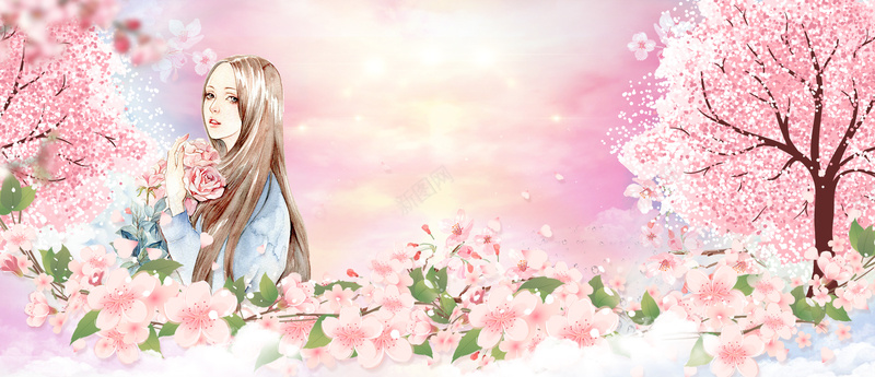 桃花节女生节梦幻浪漫手绘水粉bannerpsd设计背景_新图网 https://ixintu.com 桃花节 桃花 文艺 小清新 浪漫 梦幻 粉色 春天 春季 素材 广告 设计 背景 女孩 手绘 蓝天