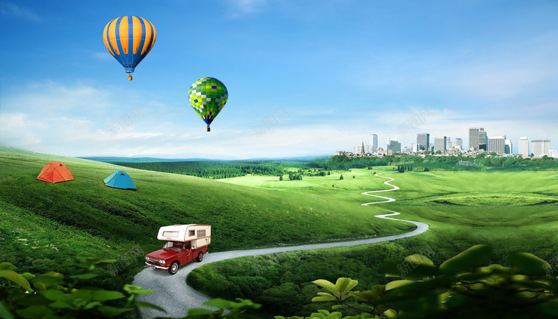 绿色大气背景psd设计背景_新图网 https://ixintu.com 气球漂浮 城市 大气 汽车 绿色 天空 云彩开心 卡通 童趣 手绘