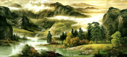 树林与瀑布风景山水风景画高清图片