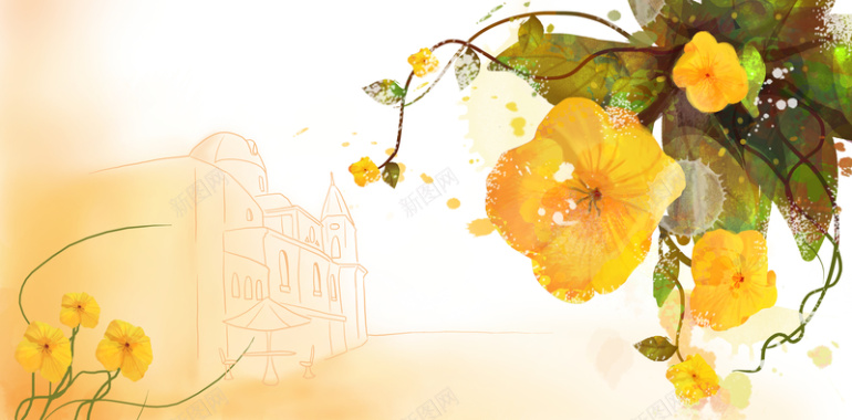 手绘黄色花朵喷绘水彩藤条印刷背景背景