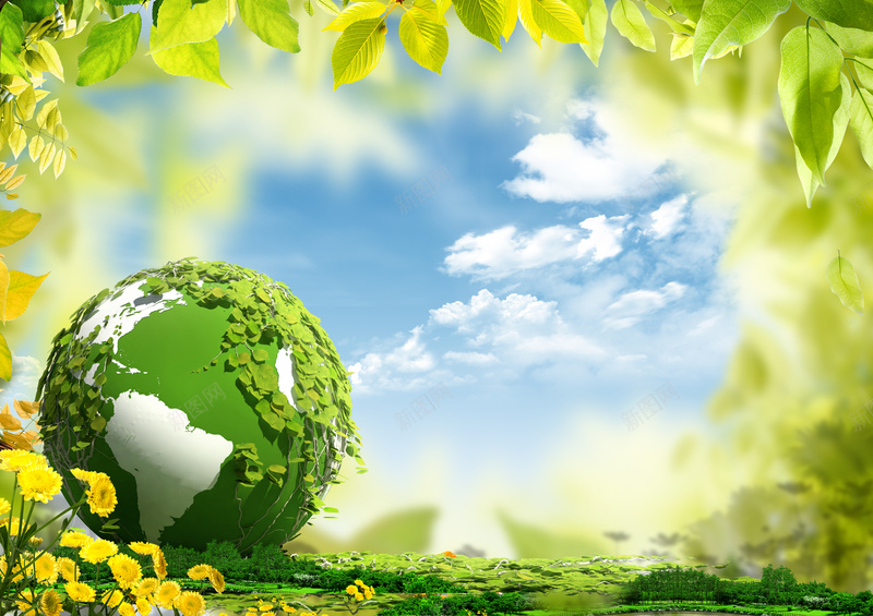 世界地球日海报背景psd设计背景_新图网 https://ixintu.com 海报背景 绿色 树叶 蓝天 白云 世界地球日 环境 公益
