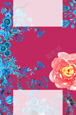 玫瑰半透明彩色植物手绘中国红水彩广告背景背景