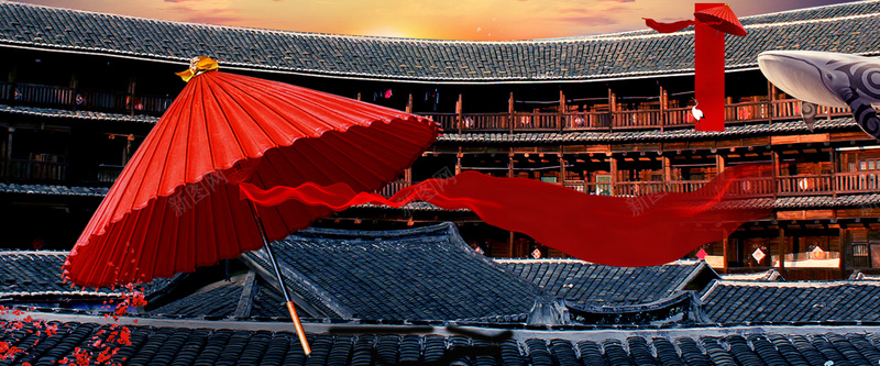 中国风红伞飘带背景背景