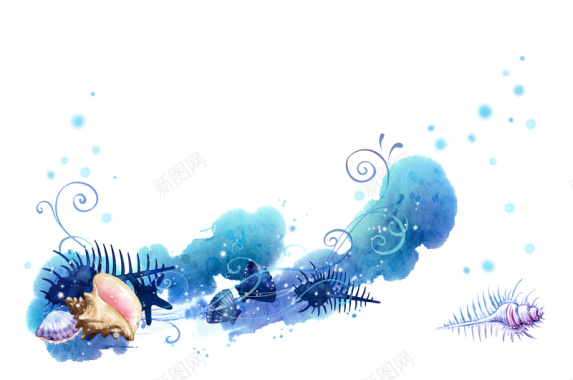 手绘蓝色海螺海洋水彩印刷背景背景