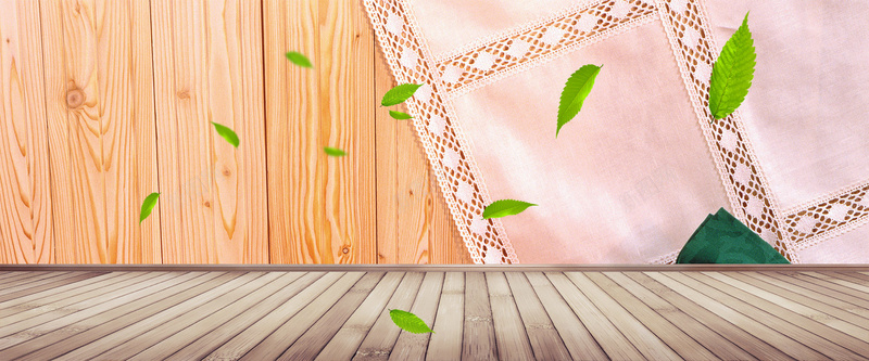 文艺木板餐布漂浮绿叶背景背景