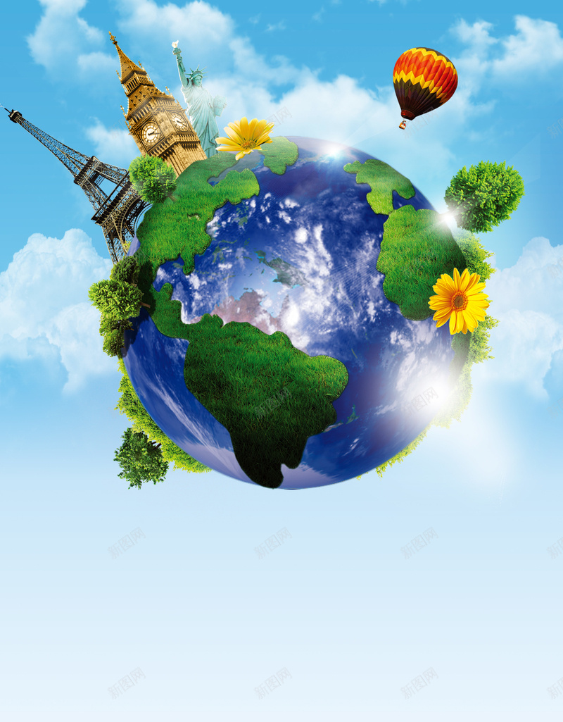 422世界地球日海报psd设计背景_新图网 https://ixintu.com 热气球 世界 建筑 环保 蓝天 世界地球日地球 保护地球 简约