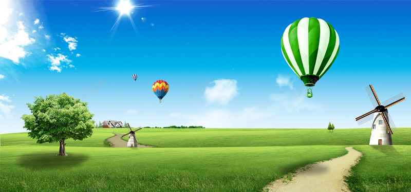 绿色家园jpg设计背景_新图网 https://ixintu.com 绿色家园 环保背景 热气球 风车 蓝天白云 绿草地 海报banner