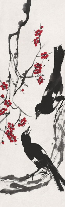 喜鹊梅花中国风齐白石水墨画背景素材高清图片