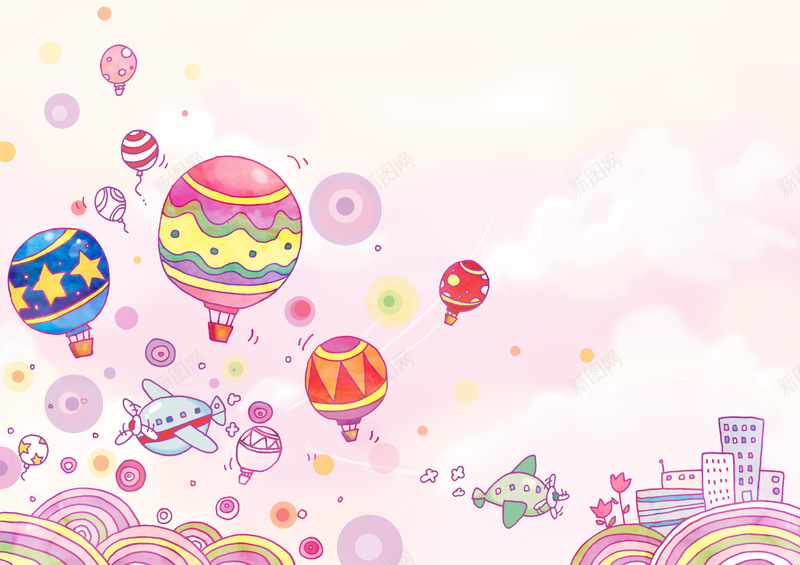 空中气球卡通高清背景jpg设计背景_新图网 https://ixintu.com 宇宙飞船 热气球 卡通 白色 童趣 粉色开心 手绘