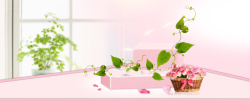 春季花朵窗户阳台春天居家温馨文艺粉色banner背景高清图片