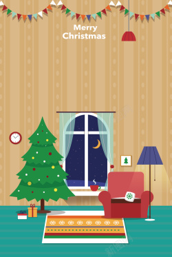 圣诞夜客厅插画矢量海报背景素材背景