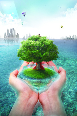 手捧大树创意节约水资源公益海报PSD分层素材高清图片