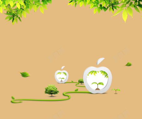 卡通创意苹果树苗大树黄色背景素材背景