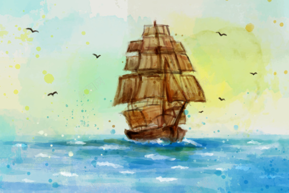 水彩手绘卡通帆船航海海报背景素材背景