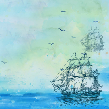 蓝色渐变手绘水彩大海帆船海鸥背景