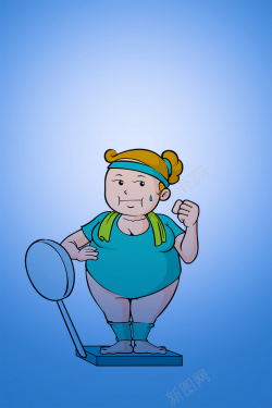 排毒瘦身蓝色底纹手绘卡通人物减肥海报背景素材高清图片