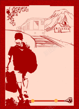 红色手绘剪影回家过年春节背景素材背景