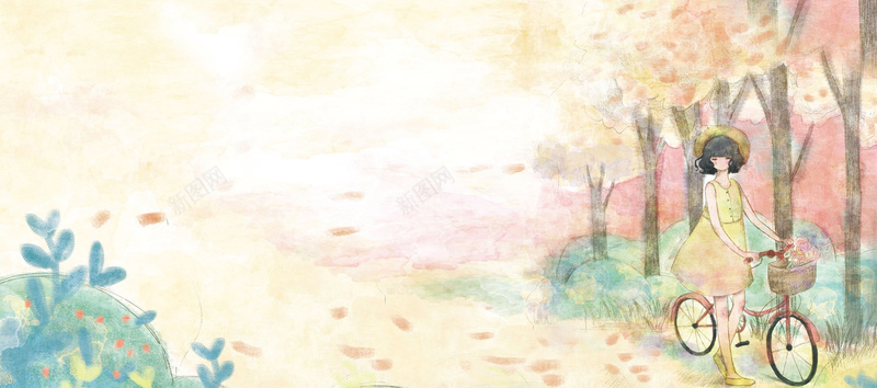 卡通小清新背景bannerjpg设计背景_新图网 https://ixintu.com 小清新 卡通 手绘 水墨 水彩 女孩 自行车 森林 全屏背景 banner