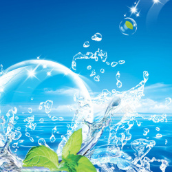 夏日水球清爽蓝色水花水球叶子背景高清图片