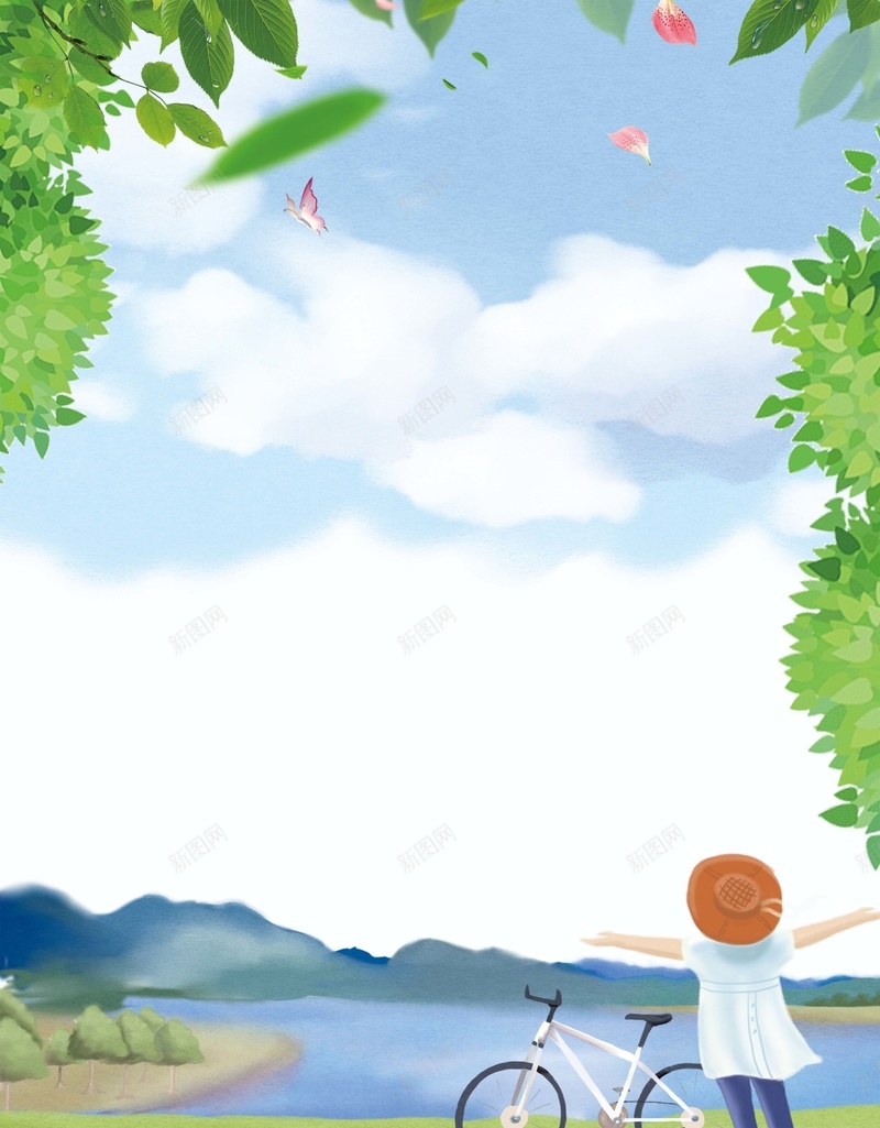 春季旅游去手绘海报psd设计背景_新图网 https://ixintu.com 自行车 户外 春季 春游 树叶 女孩 远山 野餐 踏青