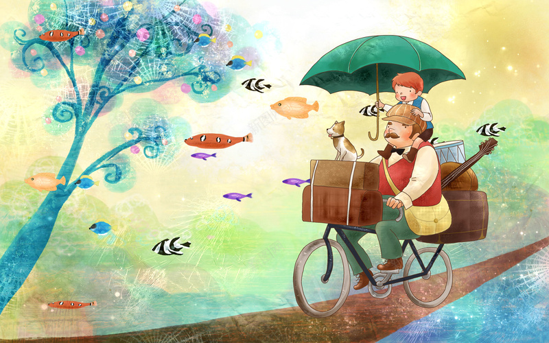 卡通水彩海报psd设计背景_新图网 https://ixintu.com 卡通海报 父亲节 自行车 水彩 温馨 卡通 童趣 手绘