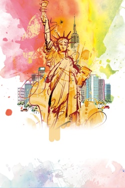 水彩自由女神旅游城市水彩背景高清图片
