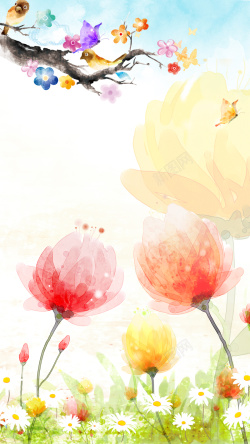 手绘春景手绘春景红花H5背景高清图片