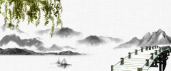水墨木桥中国风山水小桥背景高清图片
