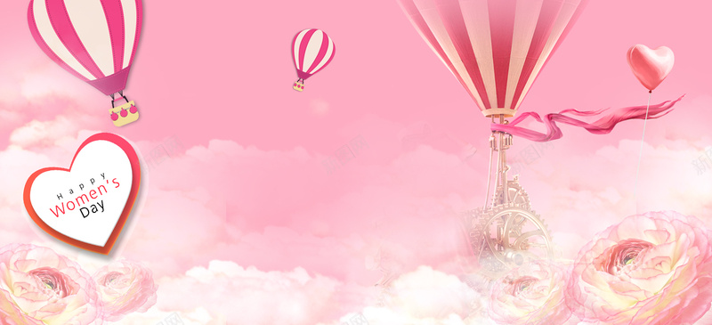38妇女节爱心热气球渐变粉色banner背景