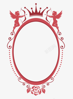 丘比特镜子红色丘比特皇冠花纹装饰复古椭圆边框高清图片